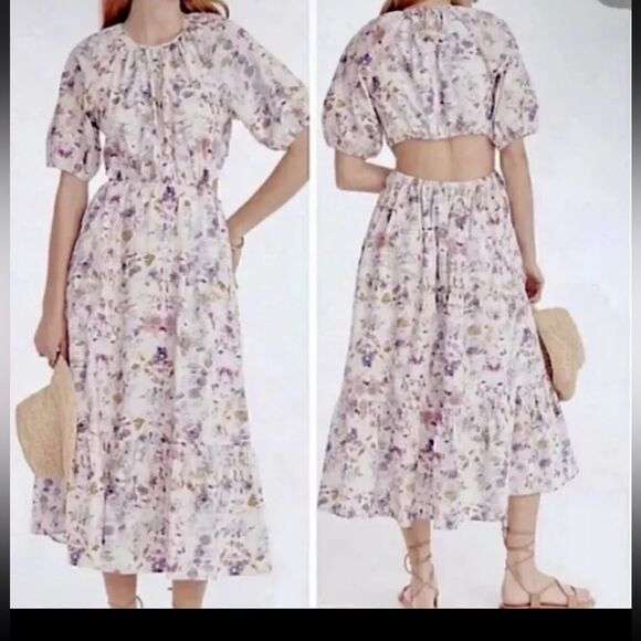 J. Crew Purple Floral Cotton Maxi Dress Sz 10 Boho Open Back Cutout Cottagecore - Picture 1 of 13